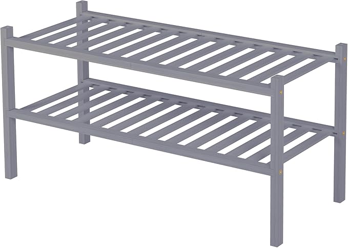 2 Tier Bamboo Shoe Rack for Closet Free Standing Wood Shoe Shelf for Entryway Small Space Stackable 27"x11"x13" (Grey)-NeatNest
