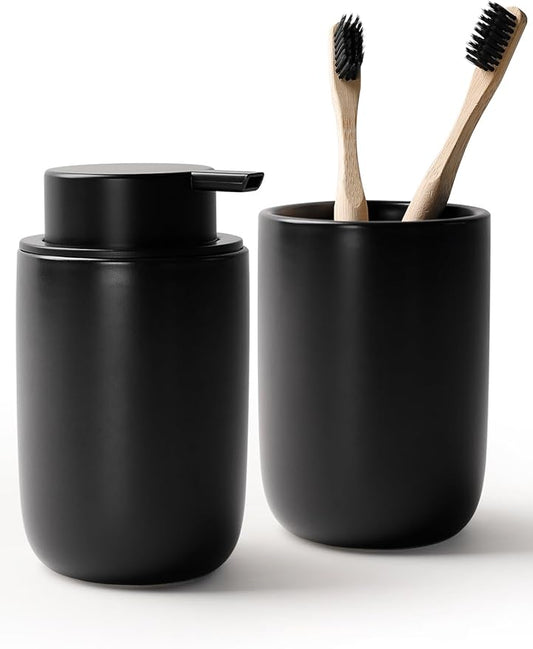 Bosilunlife Soap Dispenser and Toothbrush Holder Set - 11Oz Foam Soap Dispenser Pump Ceramic Bathroom Counter Soap Toothbrush Holder Set Black Bathroom Accessories Set-NeatNest