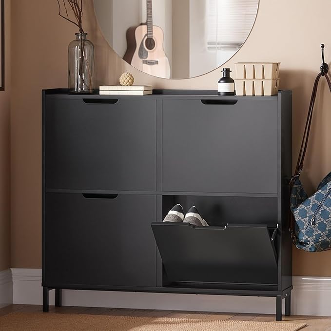 Haotian Black Shoe Cabinet with 4 Flip-Drawers, Narrow Freestanding Shoe Rack, Slim Shoe Organiazer Entryway, FSR100-W, 7.5" D x 39.4" W x 35.6" H