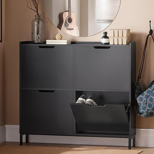 Haotian Black Shoe Cabinet with 4 Flip-Drawers, Narrow Freestanding Shoe Rack, Slim Shoe Organiazer Entryway, FSR100-W, 7.5" D x 39.4" W x 35.6" H