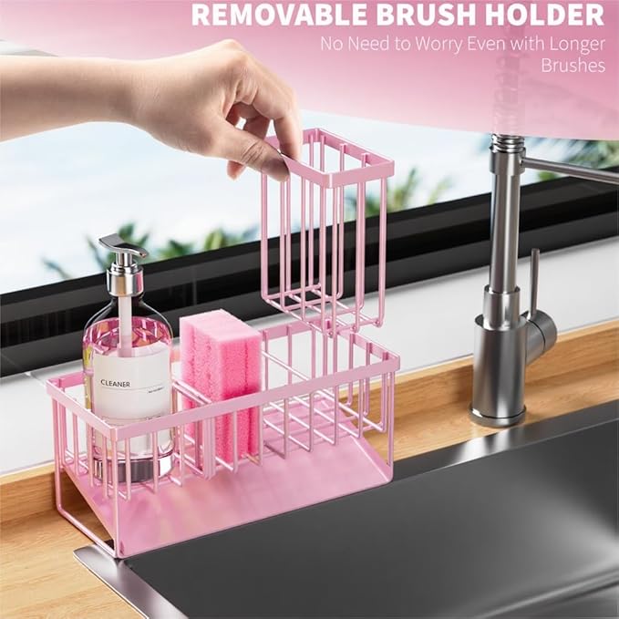 Cisily Pink Kitchen Sink Caddy Organzier with High Brush Holder, Sponge Holder for Sink, 304 Rustproof Stainless, Kitchen Countertop Soap Dispenser Organizer-NeatNest