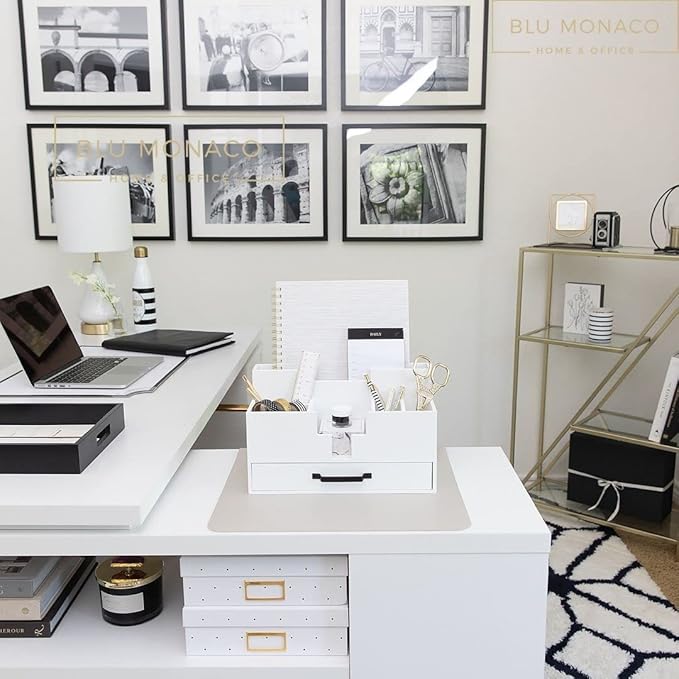 BLU MONACO White Wood Desk Organizer with Drawer – Home Office Accessories for Women – Compact Desktop Storage Solution-NeatNest