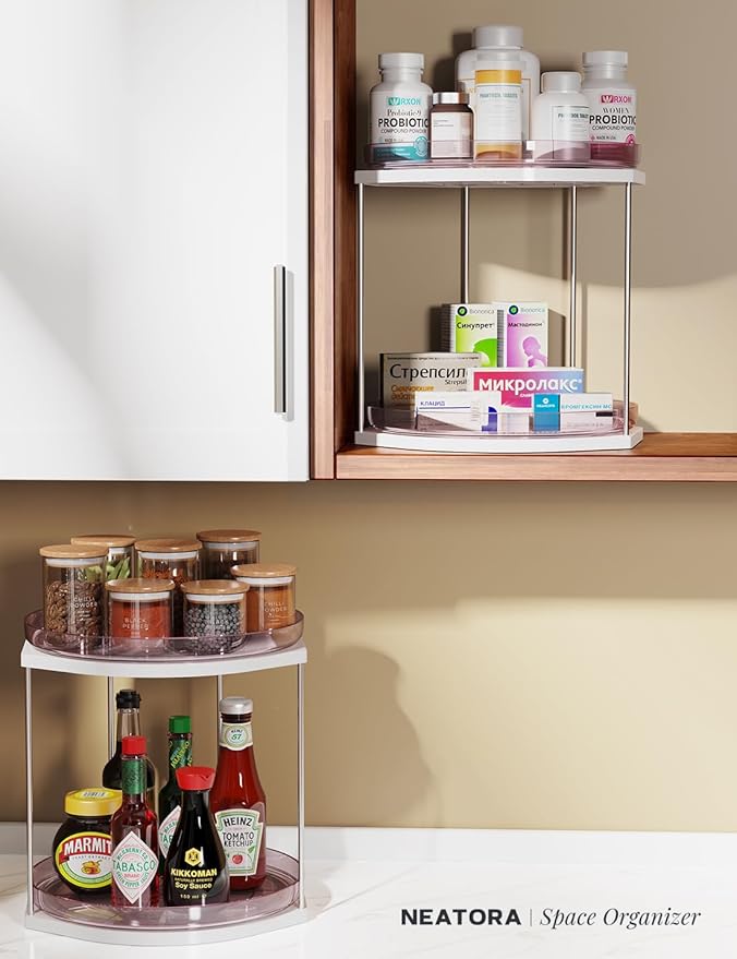 2 Pack 2-Tier Lazy Susan Turntable Organizer – 9.05” Rotating Spice Rack Organizer for Cabinet, Pantry, Tabletop & Counter – Clear Acrylic Lazy Susan for Kitchen, Bathroom & Vanity
