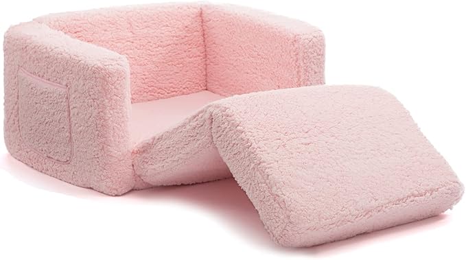 ALIMORDEN 2-in-1 Flip Out Cuddly Sherpa Toddler Couch Convertible Sofa to Lounger, Pink-NeatNest