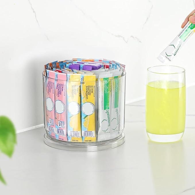 AIEVE Drink Packet Organizer, 360° Rotating Lazy Susan Turntable Powdered Drink Mix Holder, Acrylic Water Packet Container for Pantry Organizer Kitchen Storage Organization (Round)