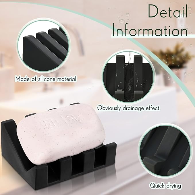 Cunhill 2 Pieces Silicone Soap Dish Self Draining Soap Dish Shower Waterfall Bar Soap Holder Tray with Drain Soap Saver for Kitchen Bathroom Accessories (Black,Cream White)-NeatNest