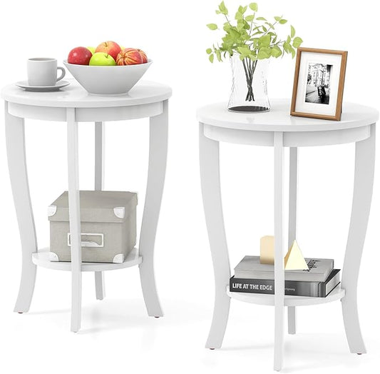 GOFLAME 2-Tier Round End Table Set of 2, 18” Sofa Side Table with Storage Shelf, Floor Tea Table with Solid Wood Legs, Compact Nightstand for Small Space, Living Room, Bedroom, White