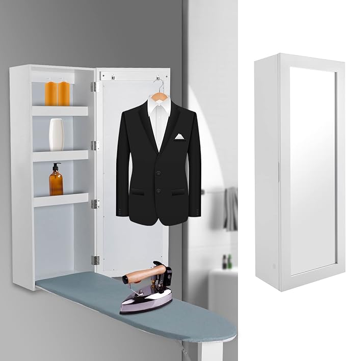 Wall-Mounted Ironing Board Cabinet, Ironing Board Holder with Mirror, Hidden Ironing Board, Ironing Board with Support Leg, Suitable for Home, Apartment