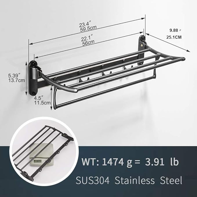 BESy 24 Inch Oil Rubbed Bronze Towel Racks, Bathroom Towel Shelf with Foldable Towel Bar Holder and Towel Hooks, Wall Mounted Multifunctional Bathroom Accessories, Double Towel Bars-NeatNest