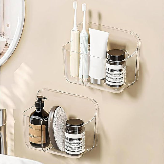 2pc Acrylic Wall Mount Organizer, Adhesive Clear Cabinet Door Organizer,Bathroom Shelves for Wall,No Drilling Hang Walls,with 2 Compartments, for Bathroom, Kitchen, Living Room-NeatNest