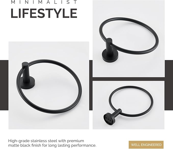 Towel Ring Matte Black, Angle Simple Stainless Steel Bathroom Hand Towel Rack, Wall Mounted Face Towel Holder
