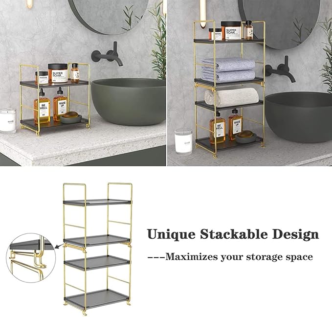 2-Tier Kitchen Spice Rack - Freestanding Stackable Organizer Shelf - Bathroom & Cosmetic Organizer - Square Standing Rack (Golden&Black)-NeatNest