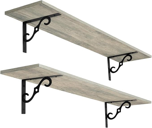 DINZI LVJ Long Wall Shelves, 31.5 Inch Large Floating Shelves Set of 2, Wide Display Shelf Wall Mounted with Brackets, Easy Hanging for Living Room, Toilet, Office, Bedroom, Gray Wash-NeatNest