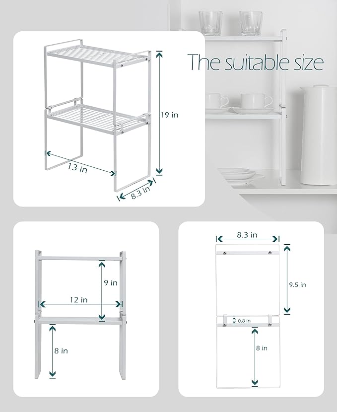 2pk Kitchen Cabinet Shelf Counter Organizer Rack Pantry Storage Bathroom Bedroom Office Table Desk Space Saving Steel Frame Stackable Rust Resistant Non Slip White-Tall- L13in W8.3in H9.5in-NeatNest