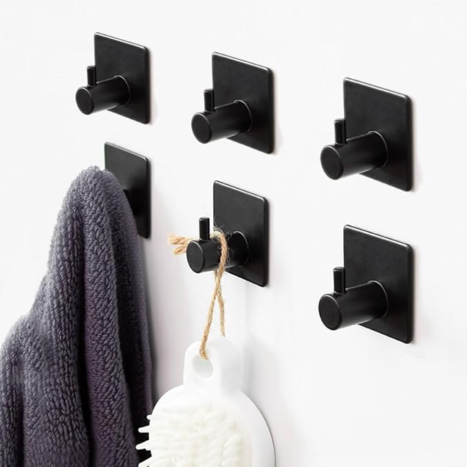 6 Pack Wall Sticky Hooks Adhesive, Self Adhesive Towel Hook, Small Stick on Hooks for Hanging Coat Key Bathrooms Kitchen, Black