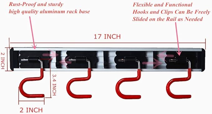 QBOSO Wall Mounted Mop and Broom Holder Stainless Steel S Type Broom Rack Anti-Slip Mop Organizer (17 Inches,4 Positions 3 Hooks, Red black)-NeatNest
