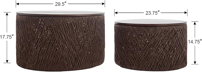 chairus Nesting Coffee Table Set of 2 Woven Round Coffee Table with Storage Solid Wood Side Table for Small Spaces, Living Room, Bedroom, Office, Dark Brown-NeatNest