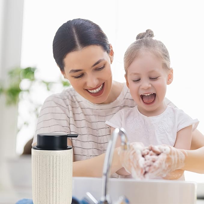 BosilunLife Beige Soap Dispenser Set - 2 Pack 12oz Ceramic Dish Soap Dispenser with Rust Proof Pump for Kitchen, Hand Soap and Lotion Set Suitable for Farmhouse Bathroom Decor with Waterproof Labels-NeatNest