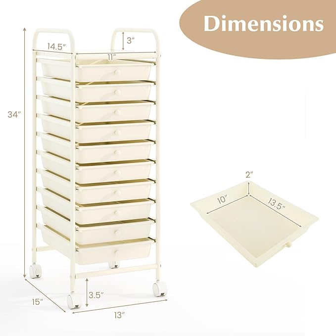 COSTWAY 10-Drawer Rolling Storage Cart, Utility Mobile Trolley with Removable Drawers & Universal Casters & 2 Brakes, Versatile Flexible Drawer Organizer Cart for Home, Office, White-NeatNest