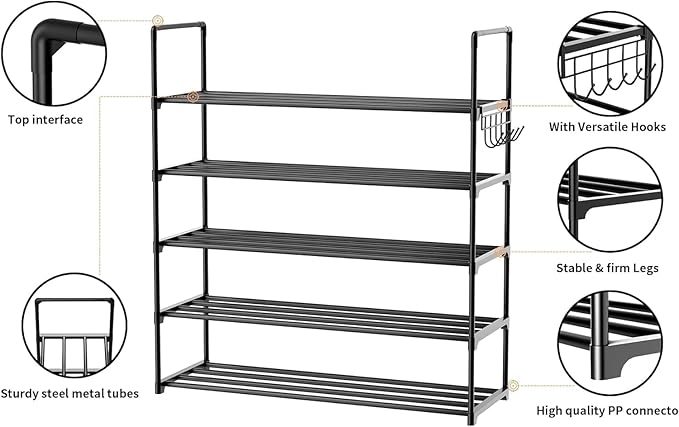 Metal Shoe Organizer,5 Tiers Shoe Storage Shoe Rack with Hooks,Fit 20-25 Pairs,Adjustable Shoe Shelf for Entryway,Hallway,Bedroom,Metal Bottom Support-NeatNest