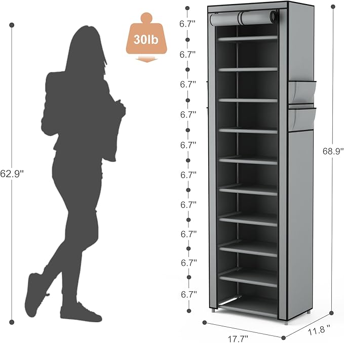 VTRIN Vertical Narrow Shoe Rack Organizer Tall Shoe Rack for Closet Entryway 10 Tier Non-Woven Cover Shoe Shelf Holds 20-22 Pairs Free Standing Shoe Storage Cabinet with Dustproof Cover, Grey-NeatNest
