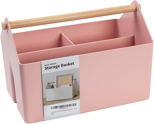 BLUE GINKGO Medium Storage Basket – Plastic Caddy with Wooden Handle for Office, Arts & Crafts, or Home Supplies (Pink)-NeatNest