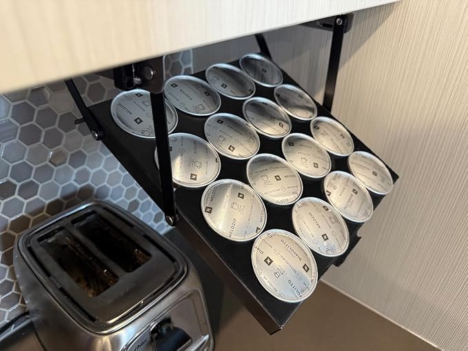 16 Pod - Under Cabinet Coffee Capsule and pod Holder – Space-Saving Hinge Hanging, Magnet Steel Construction Organizer for Small Spaces – Black-NeatNest