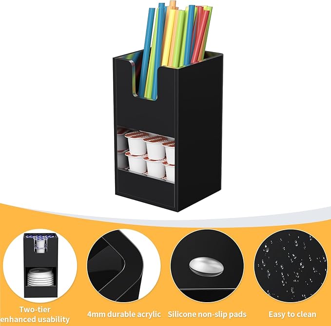 Coffee Condiment and Cup Organizer - 2-Tier Upright Cup and Lid Holder with Straw Organizer 2 Compartments Black Acrylic Cup Dispenser for Restaurant Breakroom Coffee Station Countertop-NeatNest