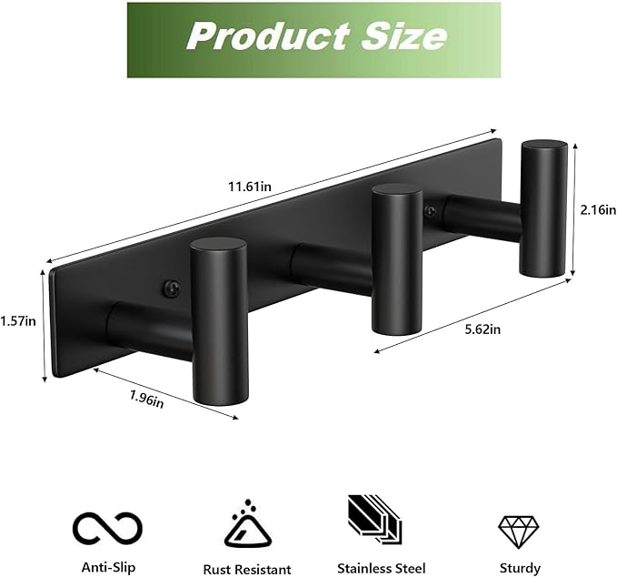 Wall Mounted Coat Rack-3 Hooks, Heavy Duty Stainless Steel Hook Rail for Towel Coat Hat Purse Bag Jacket, Towel Hooks for Entryway Bathroom Kitchen (Black 3 Hooks - 1 Pack)-NeatNest