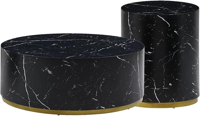 kevinplus BlackRound Coffee Table Side End Table Set of 2 for Living Room, Modern Contemporary Circle Drum Style, Gold Rim Bottom & Faux Marble Grain, No Assembly (Black, 2-Pcs)