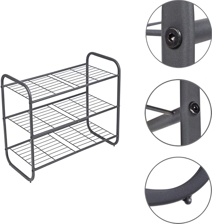 MAX Houser 3-Tier Metal Shoe Rack, Free Standing Shoe Storage Organizer, Wire Grid Shoe Tower for Closet Bedroom, Entryway, Gunmetal-NeatNest