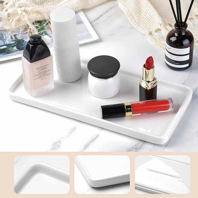 Gurygo 10" Ceramic Vanity Sink Tray for Bathroom Counter - Large Rectangle Kitchen Soap Tray - Ceramic Trays for Kitchen Counter, White-NeatNest