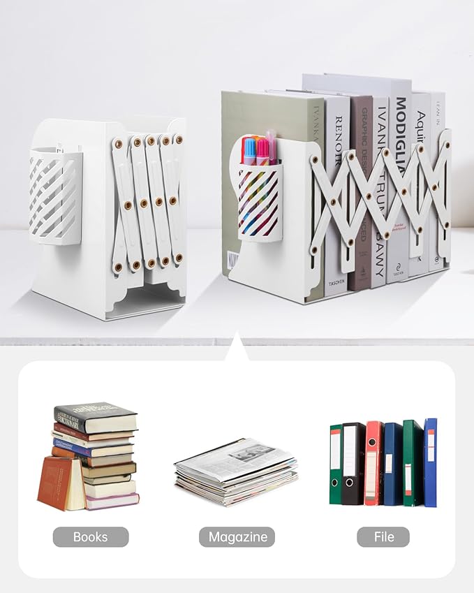 Honagu Adjustable Bookends, Metal Book Ends for Shelves Heavy Book, Desk Magazine File Organizer for Home, Office, Books, Papers, Extends up to 19 inches with Pen Holder (White)