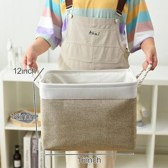 TheWarmHome Organization and Storage Basket for Gifts Empty - 16x12x12 inch Cube Storage bin 3 Pack Fabric Storage Cubes, Collapsible Baskets for Organizer Closet Cloth Gift Toy (White & Khaki)-NeatNest
