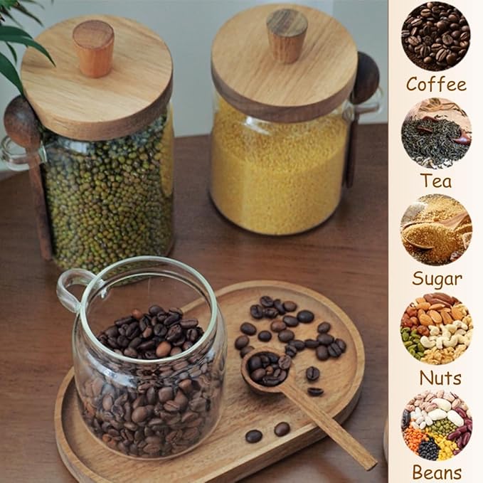 Glass Jar with Wooden Lid & Spoon, 27oz Food Storage Containers Coffee Jar Coffee Grounds Container, Glass Food Storage Canister (1 Pack)