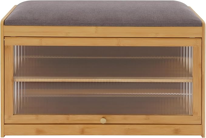 Eapmic Shoe Storage Bench, Entryway Shoe Rack Bench with Padded Seat Cushion, 2-Tier Shoe Cabinet, Bamboo Shoe Organizer for Hallway Bedroom Living Room Front Door (Burlywood, 27.56 * 12.6 * 16.53in)