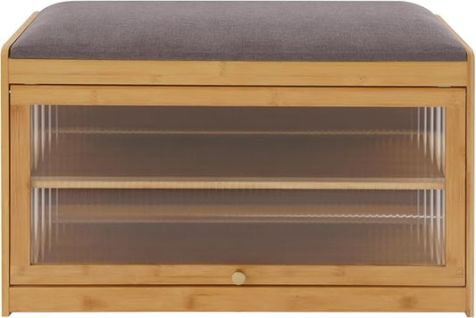 Eapmic Shoe Storage Bench, Entryway Shoe Rack Bench with Padded Seat Cushion, 2-Tier Shoe Cabinet, Bamboo Shoe Organizer for Hallway Bedroom Living Room Front Door (Burlywood, 27.56 * 12.6 * 16.53in)
