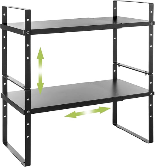 Expandable Cabinet Shelf Organizer Rack, Stackable Kitchen Countertop Organizer Storage Shelves, Adjustable Height Pantry Counter Shelf Riser Spice Rack (Black, 2 Pack)-NeatNest