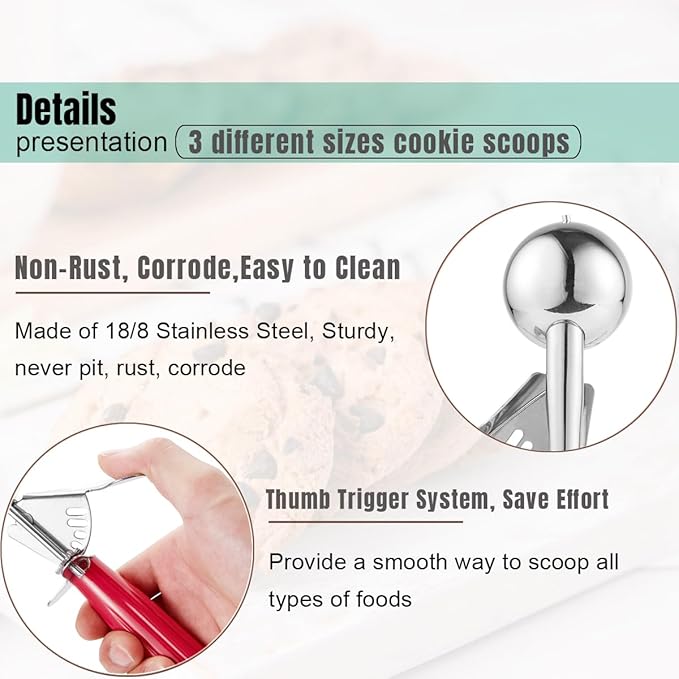 Cookie Scoop Set, Ice Cream Scoop Set, Cookie Scoops for Baking, Multiple Size Large-Medium-Small Size Disher, Professional 18/8 Stainless Steel Cupcake Scoop-NeatNest