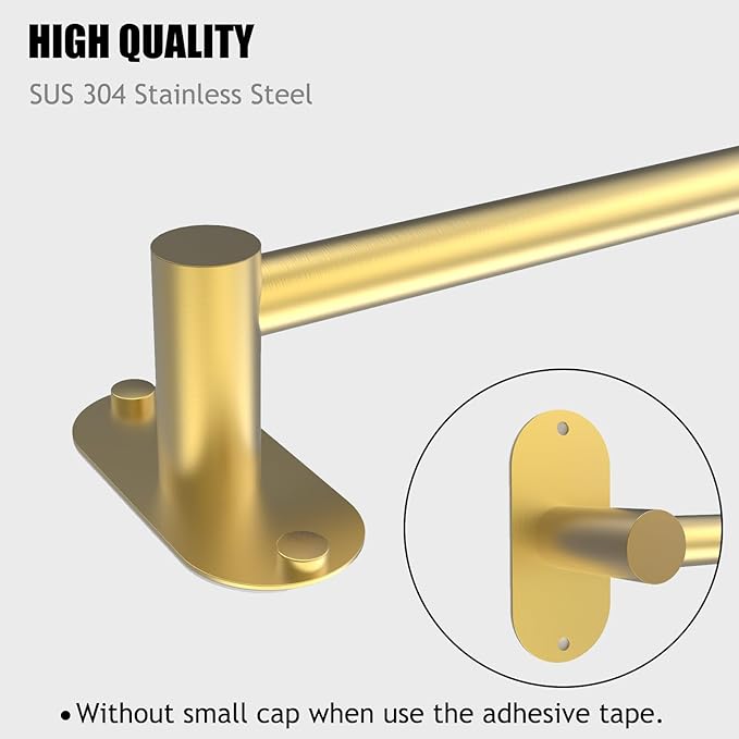 Towel Bar, Adjustable 14.4inch - 25.2inch Towel Rack, Self Adhesive & Wall Mounted for Bathroom Kitchen Hand Towel Holder Cloths Hanger SUS 304 Stainless Steel Organizer Single Bar Gold