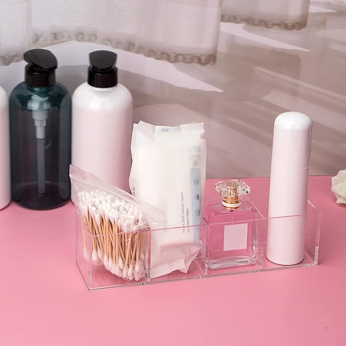 dedoot Acrylic Drawer Organizer 4-Section Clear Plastic Makeup Organizer Storage Container Acrylic Cube for Vanity Makeup Brush, Beauty Accessories-10x2.5x2.3 Inch-NeatNest