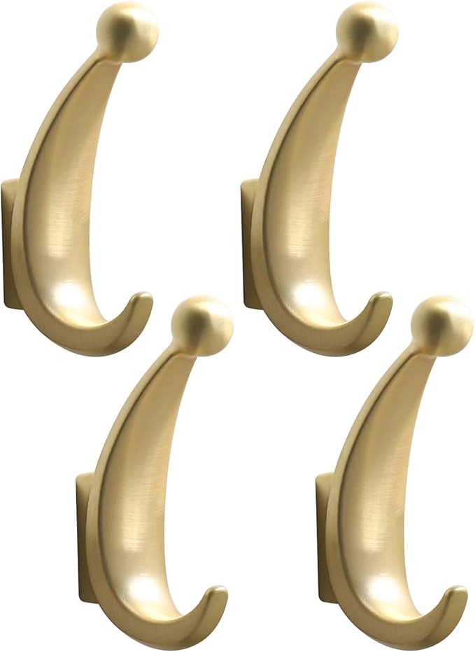 4 Pack Towel Hooks, Metal Wall Mounted Coat Hooks for Bathroom Bedroom Entryway for Hanging Robes Keys Bags(Brushed Gold)