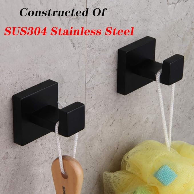 GERZWY Bathroom Matte Black Coat Hook SUS 304 Stainless Steel Single Towel/Robe Clothes Hook for Bath Modern Style Wall Mounted 2 Pack FG1607-2BK