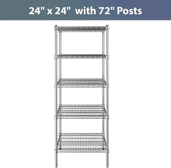 24" x 24" NSF Chrome 5-Shelf Kit with 72" Posts, Commercial Storage Rack Unit, Heavy Duty Storage Shelving, Wire Shelving Kit, Adjustable Rack Strong Steel, Multipurpose Wire Shelf