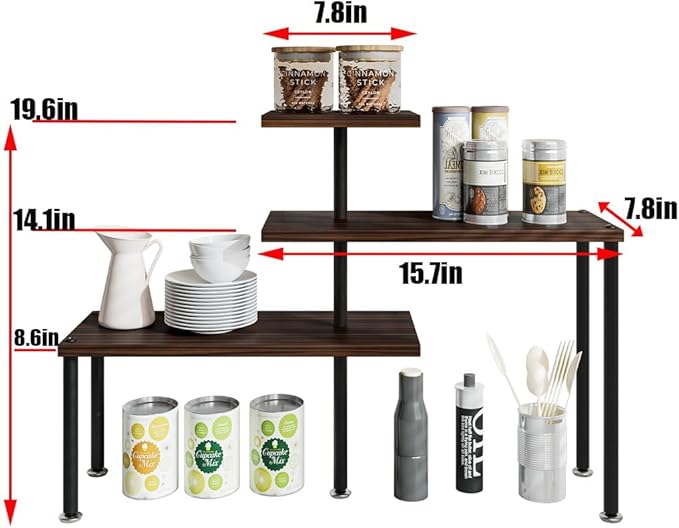 Countertop Organizer Organization 3 Tier Kitchen Corner Shelves Adjustable Spice Storage Rack for Bathroom Coffee Area Over Sink (Black Oak)-NeatNest