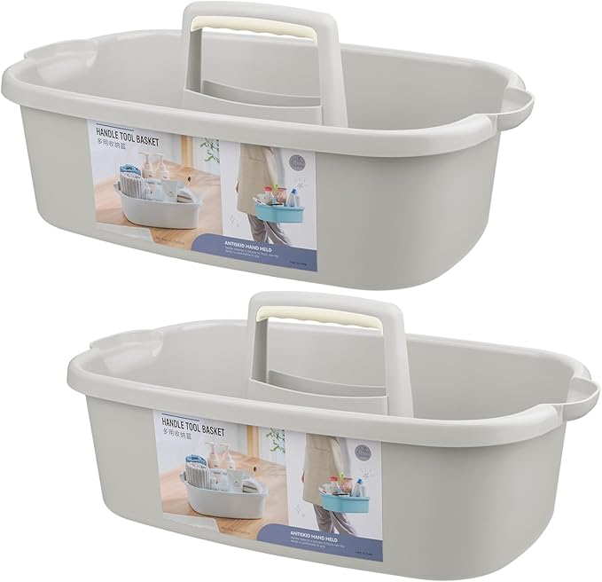 JiatuA Large Cleaning Supplies Caddy Portable Shower Basket Supply Organizer with Handle Plastic Bucket Tool Storage for Bathroom, Bedroom, Kitchen, College Dorm, Garden, Light Gray 2 Pack-NeatNest