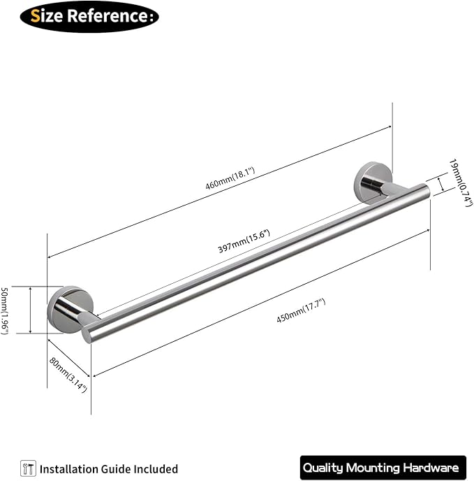 GERZWY 18-Inch Bathroom Single Towel Bar Stainless Steel Bath Towel Rack Contemporary Style Wall Mount, Polished Finish AG1101C45-JG
