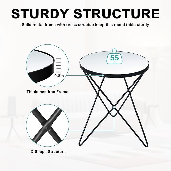 HLR Modern Round Side Table Set of 2, End Table with Marble Effect Top and Gold Metal Frame, Small Side Table for Living Room, Bedroom, Sofa and Couch, Black Legs, Mirror top
