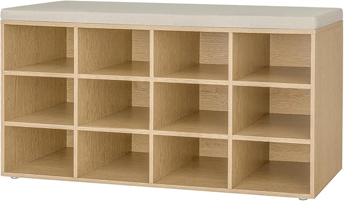 DINZI LVJ Shoe Storage Bench with Cushion, 12-Cubby Shoe Rack, Adjustable Shelves, 40.9" Long Shoe Organizer Bench for Entryway, Mudroom, Hallway, Garage, Natural and Cappuccino Beige-NeatNest