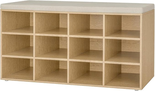 DINZI LVJ Shoe Storage Bench with Cushion, 12-Cubby Shoe Rack, Adjustable Shelves, 40.9" Long Shoe Organizer Bench for Entryway, Mudroom, Hallway, Garage, Natural and Cappuccino Beige-NeatNest